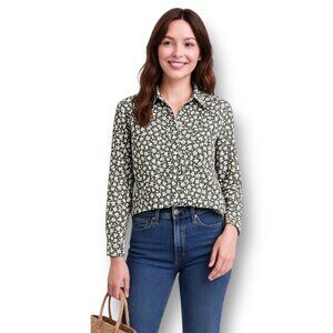 MNG Mango 8 Green White Floral Button Down Blouse Collared Long Sleeve Work Top
